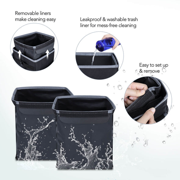 Farasla All-in-One Car Trash Can with 2 Removable Leakproof Interior Liners, Adjustable Tissue Holder & Straps