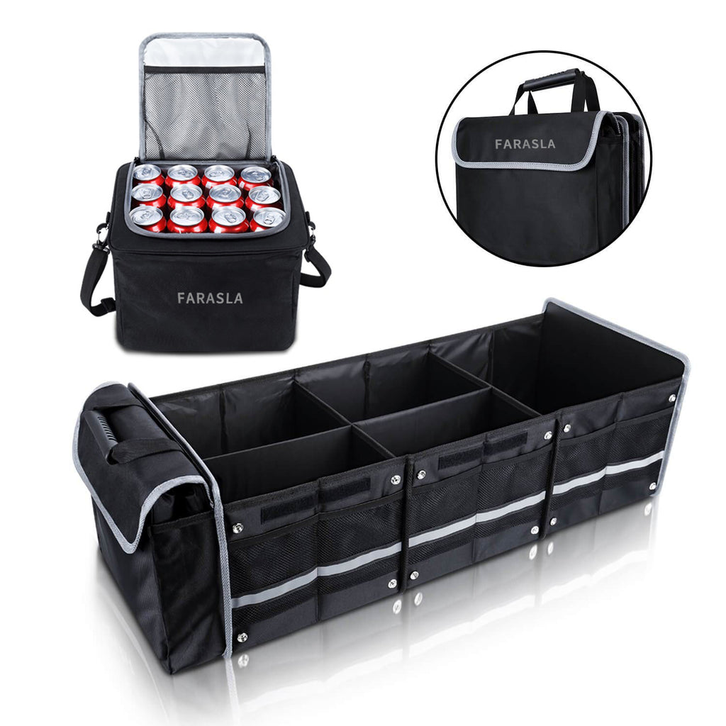 Farasla Waterproof Trunk Organizer with Insulated Leakproof Cooler Bag,  Foldable Cover, Adjustable Securing Straps (4-in-1 w/Cooler, Black)